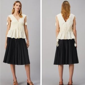 TORY BURCH  Sleeveless Tie Top Smocked Peplum Top Ivory Size XL